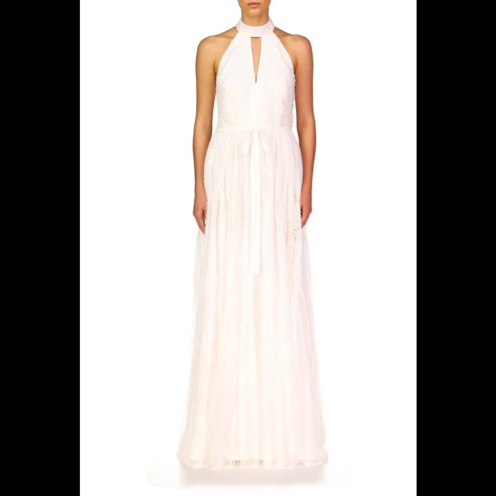 ML Monique Lhuillier White Keyhole Halter Neck A-line Gown